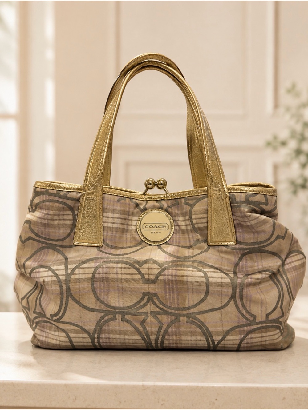COACH Gold Trim Signature Tote - lavendar tartan plaid f17213